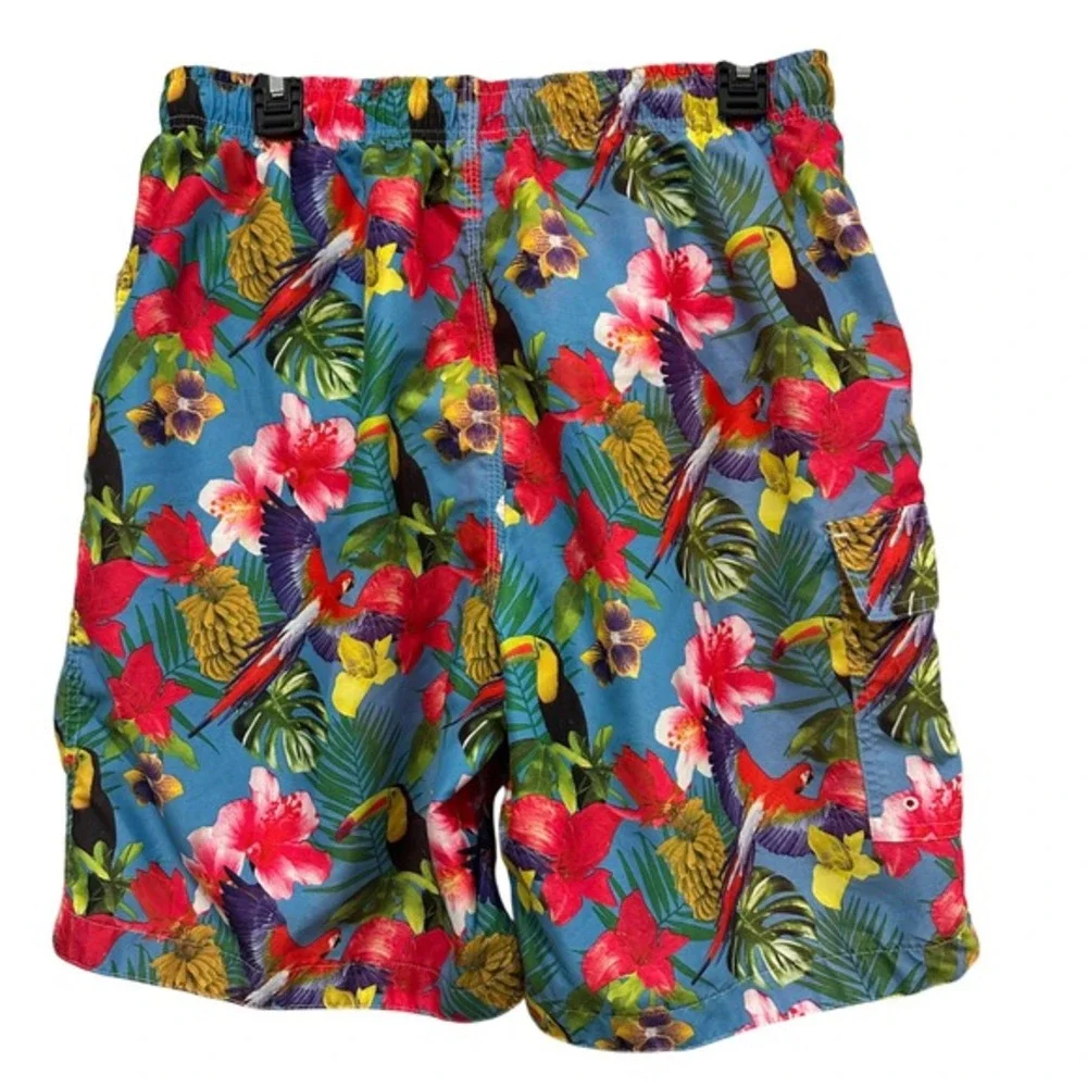 RS‎ Surf Mens Tropical Parrot Toucan Swim Trunks Blue Floral Board Shorts Large